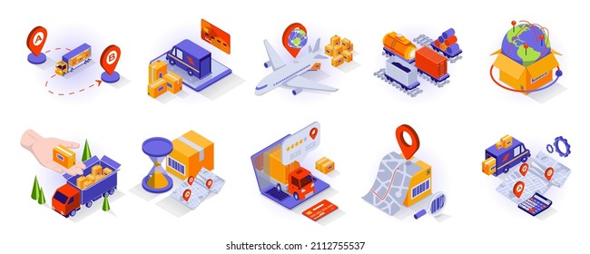 Transportation and logistics concept isometric 3d icons set. Cargo delivery, air freight, global shipping, parcel storage, tracking, company rating, isometry isolated collection. Vector illustration