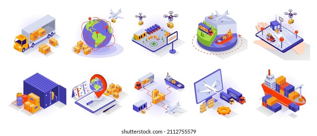 Concepto de transporte y logística isométrico 3d iconos conjunto. Distribución global, transporte en camiones, aplicaciones de seguimiento de paquetes, almacenes, envío rápido, recolección aislada de isometría. Ilustración del vector