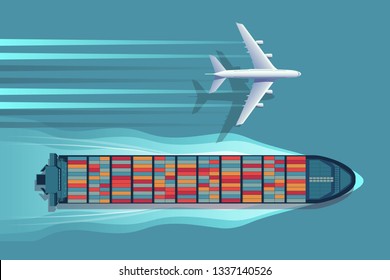 Transportación logística de contenedores buque y avión.