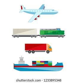 Transportation and logistics. Delivery and shipping services. Airplane, train, truck and ship. Vector illustration.