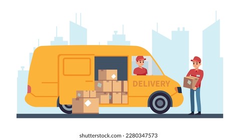 Transportation logistics, delivery worker unloads cardboard boxes from van. Loader and driver. Courier hold parcels. Distribution cartoon flat illustration. Vector logistic service concept