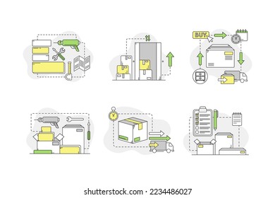 Transportation, logistics, distribution and fast delivery set. Retail e-commerce shop, shipping and express delivery process linear vector illustration