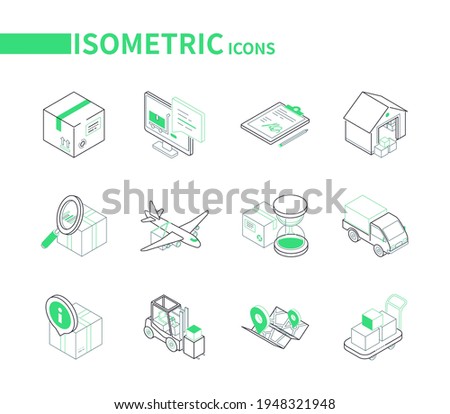 Transportation and logistics - line isometric icons set. Delivery and cargo tracking idea. Parcel, online chat with support, report, warehouse, air shipment, truck, map with a route, load trolley