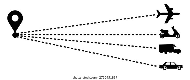 Transportation and logistics options from a single origin point to various destinations. Route Optimization line icon, Route icon between two points with dotted path.