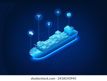 Transportation and logistics technology Worldwide shipping using ships and AI technology To identify locations and help manage transportation systems, ships with technology icons, Vector illustration