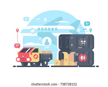 Transportation and logistics. Transport container by plane and truck. Vector illustration
