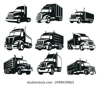 Transportation logistics truck black monochrome isometric perspective silhouette set vector illustration. Lorry cargo transport big van automobile moving shipping delivery industrial container