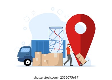 Transportation logistics, Warehouse workers unload goods from trucks. Fast delivery service by van. Car with stacks of parcels and smartphone with mobile app. flat vector illustration.