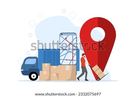 Transportation logistics, Warehouse workers unload goods from trucks. Fast delivery service by van. Car with stacks of parcels and smartphone with mobile app. flat vector illustration.