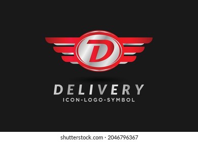 transportation logo design concept, red letter D with wing in white background , car logo, cargo .shipping. drop ship .vector graphic logo design illustration