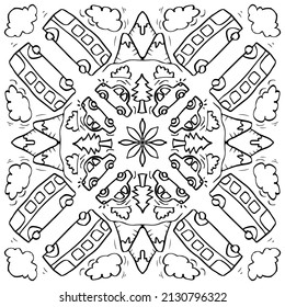 Transportation mandala coloring page. Hand drawing illustration. 