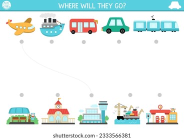 Transportation matching activity with cute plane, bus, ship, train and places they go. City transport puzzle. Match the objects game. Match up page or printable worksheet with vehicles
