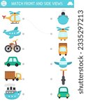Transportation matching activity with cute side and front view of helicopter, plane, car, truck, ship. City transport puzzle. Match the objects game. Match up page, printable worksheet with vehicle
