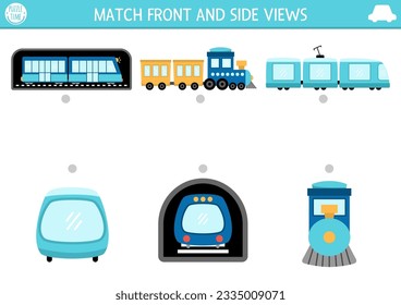 Transportation matching activity with cute side and front view of train, metro, engine. Railway transport puzzle. Match the objects game. Match up page, printable worksheet with vehicle
