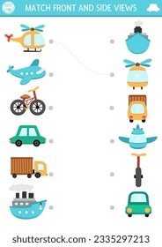 Transportation matching activity with cute side and front view of helicopter, plane, car, truck, ship. City transport puzzle. Match the objects game. Match up page, printable worksheet with vehicle
