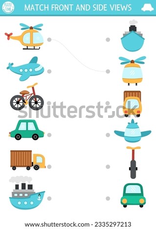 Transportation matching activity with cute side and front view of helicopter, plane, car, truck, ship. City transport puzzle. Match the objects game. Match up page, printable worksheet with vehicle
