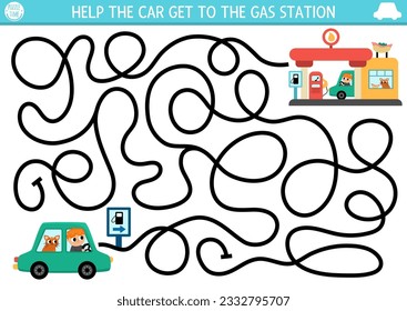 Transportation maze for kids with auto, driver, passenger. Urban transport preschool printable activity. Labyrinth game or puzzle with filling service, cafe. Help the car get to the gas station
