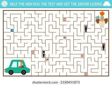 Transportation maze for kids with bird passing driving test. Urban transport preschool printable activity. Labyrinth game, puzzle with car, traffic lights, road signs. Help hen get driver license
