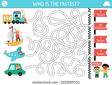 Transportation maze for kids with car, train, boat, plane and time concept. Transport competition preschool printable activity. Labyrinth game or puzzle. Who is the fastest
