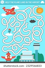 Transportation maze for kids with city landscape and airplane. Urban transport preschool printable activity. Labyrinth game or puzzle with aircraft and pilot. Help the plane land in the airport
