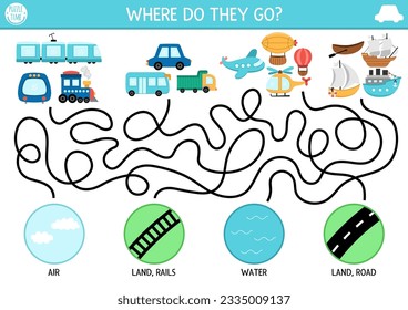 Transportation maze for kids with different kinds of transport, places thy go. Air, land, water transport preschool printable activity. labyrinth game or puzzle with train, cars, planes, ship
