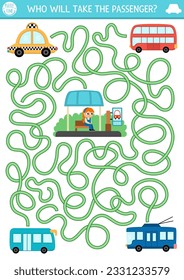 Transportation maze for kids with girl waiting for transport. Urban preschool printable activity. Labyrinth game or puzzle with bus, trolleybus, taxi. Who will take the passenger
