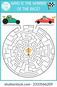 Transportation maze for kids with racing cars on track. Sport transport preschool printable activity. Round geometric labyrinth game, puzzle with speedy bolides, cart. Who is winner of race
