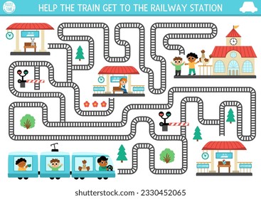 Transportation maze for kids with railroad, driver, passengers. Urban transport preschool printable activity. Labyrinth game or puzzle with rails, stop, barrier. Help the train get to railway station