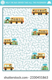 Transportation maze for kids with school bus and pupils waiting on stops. Urban transport preschool printable activity. Back to school labyrinth game or puzzle. Help the driver take the passengers
