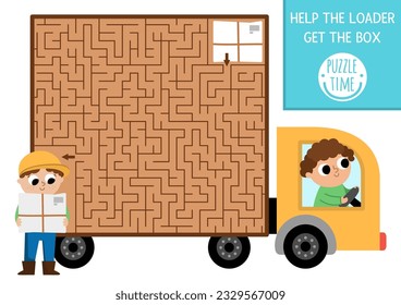 Transportation maze for kids with truck, driver. Urban transport preschool printable activity. Geometrical labyrinth game or puzzle with delivery service lorry. Help the loader get the box
