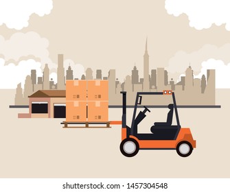 transportation merchandise logistic cargo forklift picking boxes merchancy in urban route cartoon vector illustration graphic design