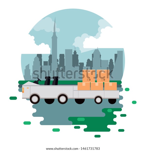 transportation merchandise logistic cargo luggage\
airport car picking boxes merchancy round icon cartoon vector\
illustration graphic\
design