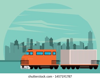 transportation merchandise logistic cargo train with container making travel in distribution route crossing city cartoon vector illustration graphic design