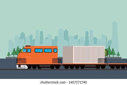 transportation merchandise logistic cargo train with container making travel in distribution route crossing city cartoon vector illustration graphic design