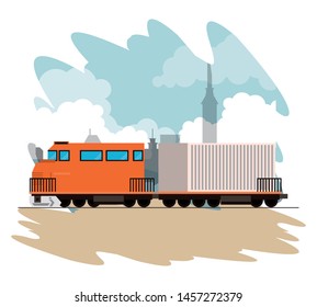 transportation merchandise logistic cargo train with container making travel in distribution route crossing city cartoon vector illustration graphic design