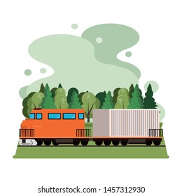 transportation merchandise logistic cargo train with container making travel in distribution route crossing nature landscape cartoon. vector illustration.