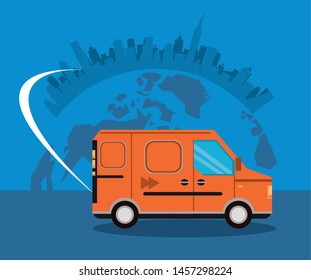 transportation merchandise logistic cargo truck van making delivery at distributon route around the world cartoon vector illustration graphic design
