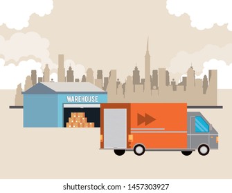 transportation merchandise logistic cargo truck van waiting for merchancy boxes at airport hangar cartoon vector illustration graphic design