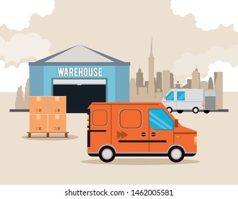 transportation merchandise logistic cargo trucks vans waiting for merchancy boxes at airpot hangar cartoon vector illustration graphic design