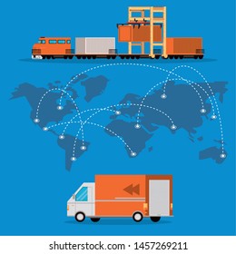 transportation merchandise logistic cargo van with train making international delivery route around the world cartoon vector illustration graphic design