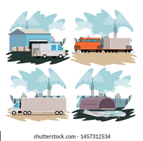 transportation merchandise logistic cargo vehicles making delivery and traveling by distribution route. cartoon vector illustration.