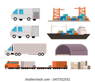 transportation merchandise logistic cargo vehicles set making delivery and traveling by distribution route cartoon. vector illustration.