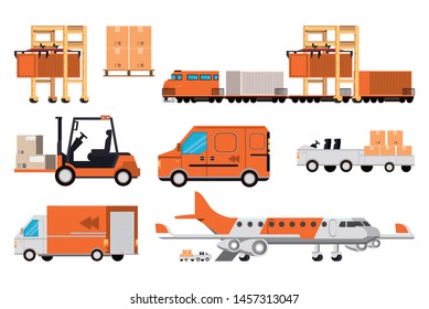 transportation merchandise logistic cargo vehicles set making delivery and traveling by distribution route cartoon. vector illustration.