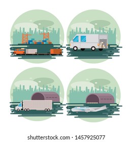 transportation merchandise logistic cargo vehicles making delivery and traveling by distribution route round icon cartoon vector illustration graphic design