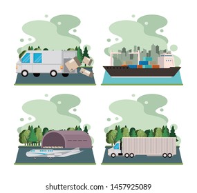 transportation merchandise logistic cargo vehicles making delivery and traveling by distribution route cartoon vector illustration graphic design