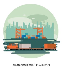 transportation merchandise logistic train with container at merchants port making travel in distribution route cartoon. vector illustration.