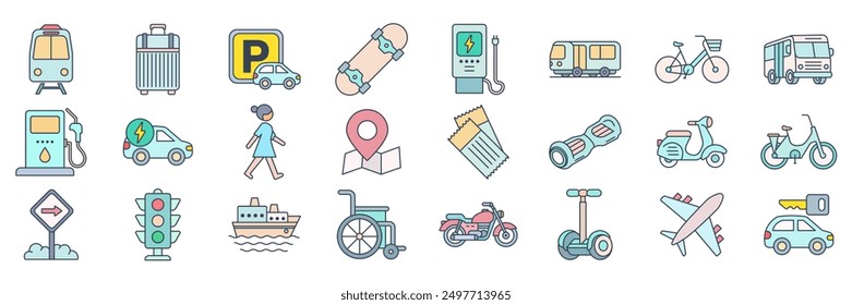 transportation mobility icons set, Included icons as Airplane, Bus, Scooter, Parking sign and more symbols collection, logo isolated vector illustration