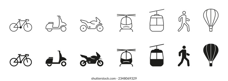 Transportation Modes Line and Silhouette Icon Set. Bike, Motorcycle, Moped, Cable Car, Pedestrian, Helicopter Pictogram. Traffic Sign Collection. Vehicle Symbols. Isolated Vector Illustration.