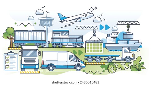 Transportation modes in supply chain with delivery types outline concept. Multiple shipping options choosing airplane, ship, truck or van for logistic services vector illustration. Combined delivery.