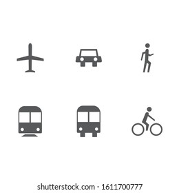 Transportation monochrome simple icon set with. Airplane, car, person walking, subway, bus and person in bicycle. Bundle vector design. 